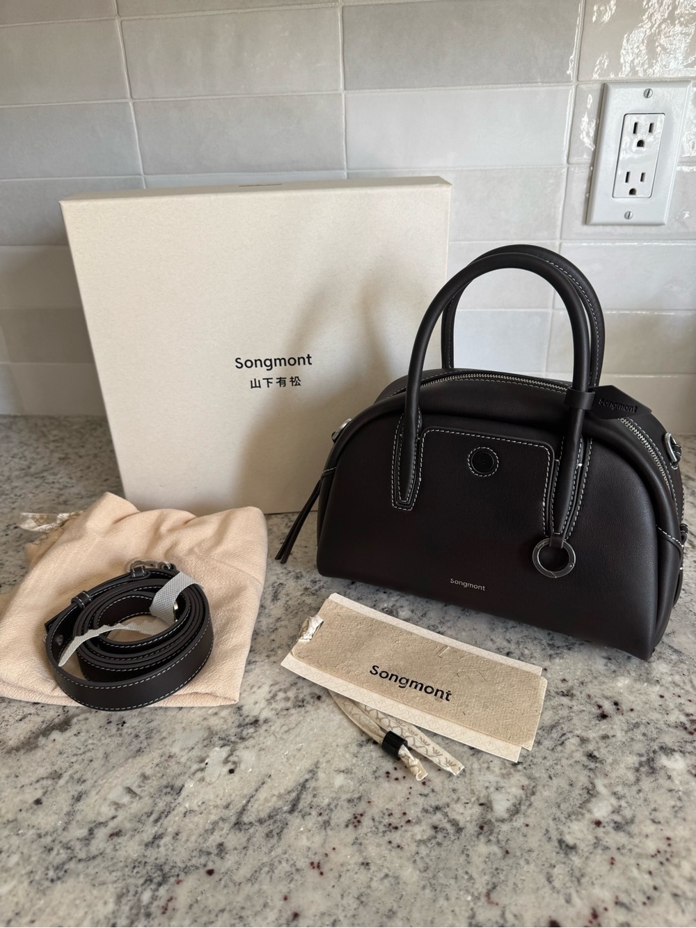 Songmont Mini Yore Bowling Bag Leather Satchel Handbag Ebony
